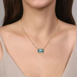 Gabriel & Co. 14K Yellow Gold Diamond and Blue Topaz Emerald Cut Necklace With Flower Pattern Gallery