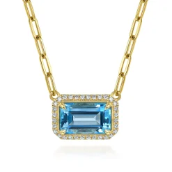 Gabriel & Co. 14K Yellow Gold Diamond and Blue Topaz Emerald Cut Necklace With Flower Pattern Gallery
