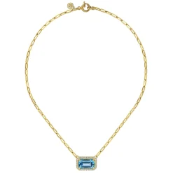 Gabriel & Co. 14K Yellow Gold Diamond and Blue Topaz Emerald Cut Necklace With Flower Pattern Gallery