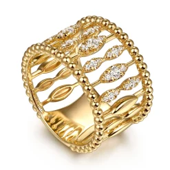 Gabriel & Co. 14K Yellow Gold Diamond and Bujukan Beads Wide Band Ring