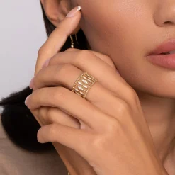 Gabriel & Co. 14K Yellow Gold Diamond and Bujukan Beads Wide Band Ring