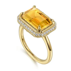 Gabriel & Co. 14K Yellow Gold Diamond and Citrine Emerald Cut Ladies Ring With Flower Pattern Gallery