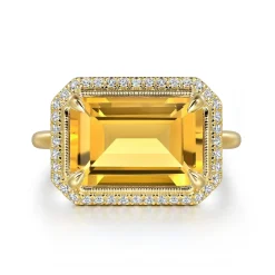 Gabriel & Co. 14K Yellow Gold Diamond and Citrine Emerald Cut Ladies Ring With Flower Pattern Gallery