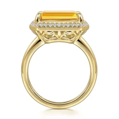 Gabriel & Co. 14K Yellow Gold Diamond and Citrine Emerald Cut Ladies Ring With Flower Pattern Gallery