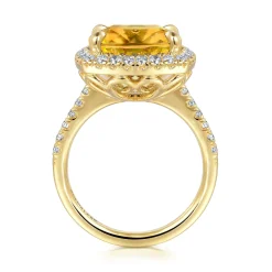 Outlet Gabriel & Co. 14K Yellow Gold Diamond and Citrine Cushion Cut Ladies Ring With Flower Pattern Gallery