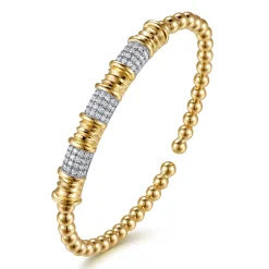 Hot Gabriel & Co. 14K Yellow Gold Diamond and Diamond Cut Station Cuff Bangle Bracelet