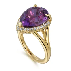 Gabriel & Co. 14K Yellow Gold Diamond and Flat Pear Shape Amethyst Ladies Ring With Flower Pattern Gallery