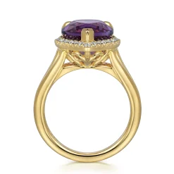 Gabriel & Co. 14K Yellow Gold Diamond and Flat Pear Shape Amethyst Ladies Ring With Flower Pattern Gallery