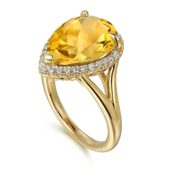 Sale Gabriel & Co. 14K Yellow Gold Diamond and Flat Pear Shape Citrine Ladies Ring With Flower Pattern Gallery