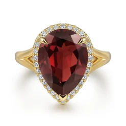 Best Gabriel & Co. 14K Yellow Gold Diamond and Flat Pear Shape Garnet Ladies Ring With Flower Pattern Gallery