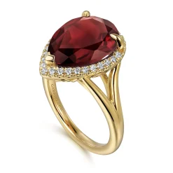 Best Gabriel & Co. 14K Yellow Gold Diamond and Flat Pear Shape Garnet Ladies Ring With Flower Pattern Gallery