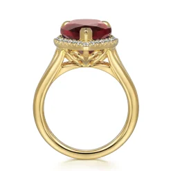 Best Gabriel & Co. 14K Yellow Gold Diamond and Flat Pear Shape Garnet Ladies Ring With Flower Pattern Gallery