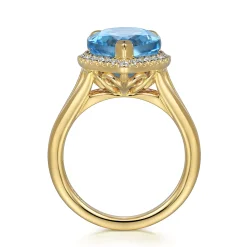 New Gabriel & Co. 14K Yellow Gold Diamond and Flat Pear Shape Blue Topaz Ladies Ring With Flower Pattern Gallery