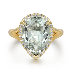 Best Gabriel & Co. 14K Yellow Gold Diamond and Flat Pear Shape Green Amethyst Ladies Ring With Flower Pattern Gallery