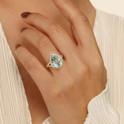 Best Gabriel & Co. 14K Yellow Gold Diamond and Flat Pear Shape Green Amethyst Ladies Ring With Flower Pattern Gallery