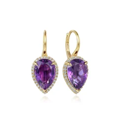 Sale Gabriel & Co. 14K Yellow Gold Diamond and Flat Pear Shape Amethyst Earrings With Flower Pattern J-Back