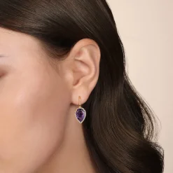 Sale Gabriel & Co. 14K Yellow Gold Diamond and Flat Pear Shape Amethyst Earrings With Flower Pattern J-Back