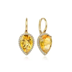 Gabriel & Co. 14K Yellow Gold Diamond and Flat Pear Citrine Earrings With Flower Pattern J-Back
