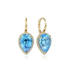 Hot Gabriel & Co. 14K Yellow Gold Diamond and Flat Pear Blue Topaz Earrings With Flower Pattern J-Back