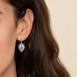 Clearance Gabriel & Co. 14K Yellow Gold Diamond and Flat Pear Green Amethyst Earrings With Flower Pattern J-Back