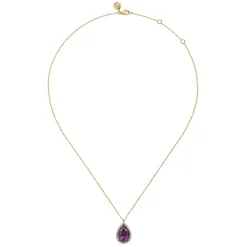 Best Gabriel & Co. 14K Yellow Gold Diamond and Flat Teardrop Amethyst Necklace With Flower Pattern J-Back