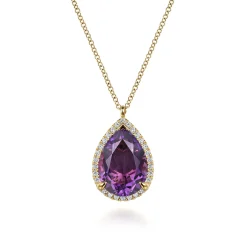 Best Gabriel & Co. 14K Yellow Gold Diamond and Flat Teardrop Amethyst Necklace With Flower Pattern J-Back