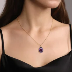 Best Gabriel & Co. 14K Yellow Gold Diamond and Flat Teardrop Amethyst Necklace With Flower Pattern J-Back
