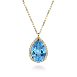 Outlet Gabriel & Co. 14K Yellow Gold Diamond and Flat Teardrop Blue Topaz Necklace With Flower Pattern J-Back