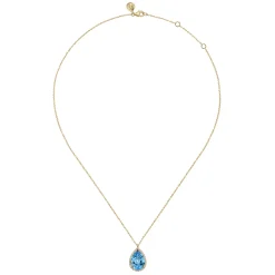 Outlet Gabriel & Co. 14K Yellow Gold Diamond and Flat Teardrop Blue Topaz Necklace With Flower Pattern J-Back