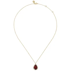 Discount Gabriel & Co. 14K Yellow Gold Diamond and Flat Teardrop Garnet Necklace With Flower Pattern J-Back