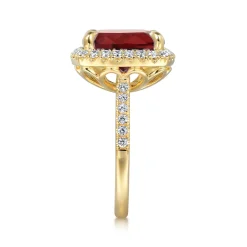 Online Gabriel & Co. 14K Yellow Gold Diamond and Garnet Cushion Cut Ladies Ring With Flower Pattern Gallery