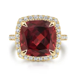 Online Gabriel & Co. 14K Yellow Gold Diamond and Garnet Cushion Cut Ladies Ring With Flower Pattern Gallery