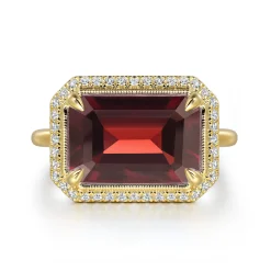 Sale Gabriel & Co. 14K Yellow Gold Diamond and Garnet Emerald Cut Ladies Ring With Flower Pattern Gallery