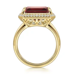 Sale Gabriel & Co. 14K Yellow Gold Diamond and Garnet Emerald Cut Ladies Ring With Flower Pattern Gallery