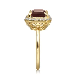 Sale Gabriel & Co. 14K Yellow Gold Diamond and Garnet Emerald Cut Ladies Ring With Flower Pattern Gallery