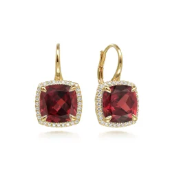 Online Gabriel & Co. 14K Yellow Gold Diamond and Garnet Cushion Cut Earrings With Flower Pattern J-Back