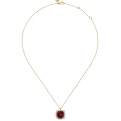 Discount Gabriel & Co. 14K Yellow Gold Diamond and Garnet Cushion Cut Necklace With Flower Pattern J-Back