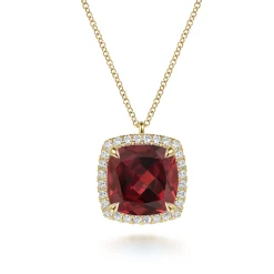 Discount Gabriel & Co. 14K Yellow Gold Diamond and Garnet Cushion Cut Necklace With Flower Pattern J-Back