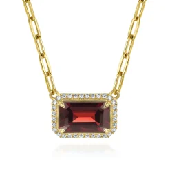 Discount Gabriel & Co. 14K Yellow Gold Diamond and Garnet Emerald Cut Necklace With Flower Pattern Gallery