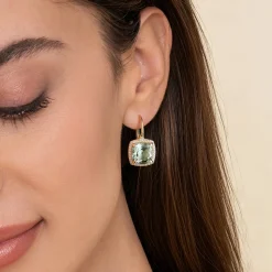 Sale Gabriel & Co. 14K Yellow Gold Diamond and Green Amethyst Cushion Cut Earrings With Flower Pattern J-Back