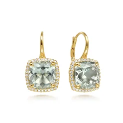 Sale Gabriel & Co. 14K Yellow Gold Diamond and Green Amethyst Cushion Cut Earrings With Flower Pattern J-Back