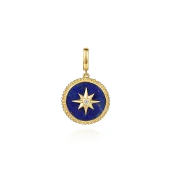 New Gabriel & Co. 14K Yellow Gold Diamond and Lapis Bujukan Medallion Pendant in Size 18mm With Detachable Bail