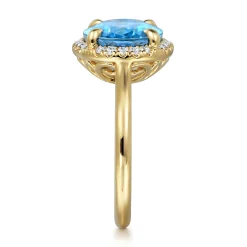 Gabriel & Co. 14K Yellow Gold Diamond and Oval Shape Blue Topaz Ladies Ring With Flower Pattern Gallery
