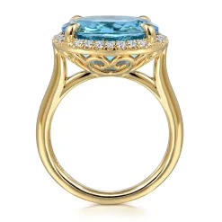 Gabriel & Co. 14K Yellow Gold Diamond and Oval Shape Blue Topaz Ladies Ring With Flower Pattern Gallery