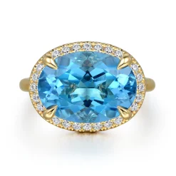 Gabriel & Co. 14K Yellow Gold Diamond and Oval Shape Blue Topaz Ladies Ring With Flower Pattern Gallery