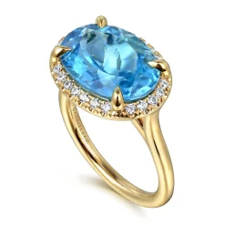 Gabriel & Co. 14K Yellow Gold Diamond and Oval Shape Blue Topaz Ladies Ring With Flower Pattern Gallery