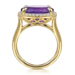 Best Gabriel & Co. 14K Yellow Gold Diamond and Oval Shape Amethyst Ladies Ring With Flower Pattern Gallery