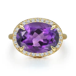 Best Gabriel & Co. 14K Yellow Gold Diamond and Oval Shape Amethyst Ladies Ring With Flower Pattern Gallery