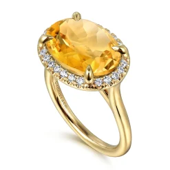 Clearance Gabriel & Co. 14K Yellow Gold Diamond and Oval Shape Citrine Ladies Ring With Flower Pattern Gallery