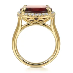 Discount Gabriel & Co. 14K Yellow Gold Diamond and Oval Shape Garnet Ladies Ring With Flower Pattern Gallery